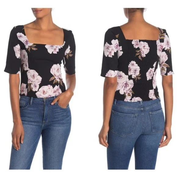 Free Press Black Floral Short Sleeve Cropped Blouse - Picture 1 of 7